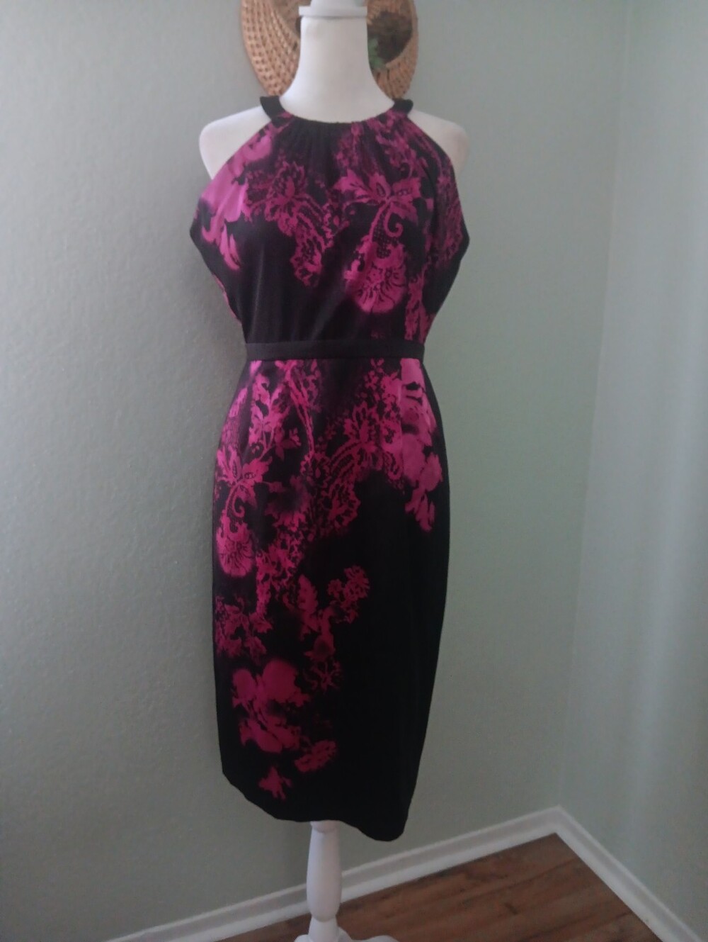 Tahari Black and Fuchsia Floral Halter Midi Dress